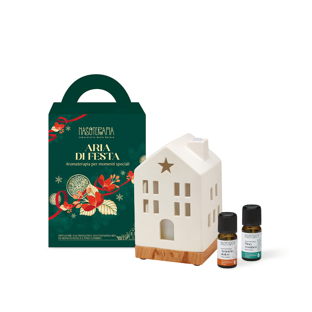 Set Regalo Natale Nasoterapia Aria di Festa Diffusore Ultrasuoni USB con Arancio Dolce e Pino Cembro Bio