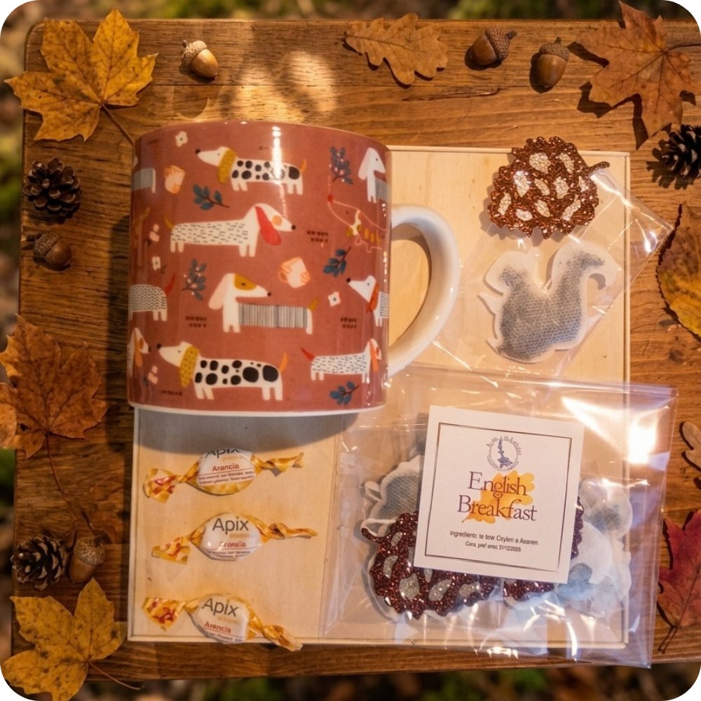 Bundle "SCOIATTOLO!" – Tazza Cagnolini, Tè English Breakfast Scoiattolo e Caramelle